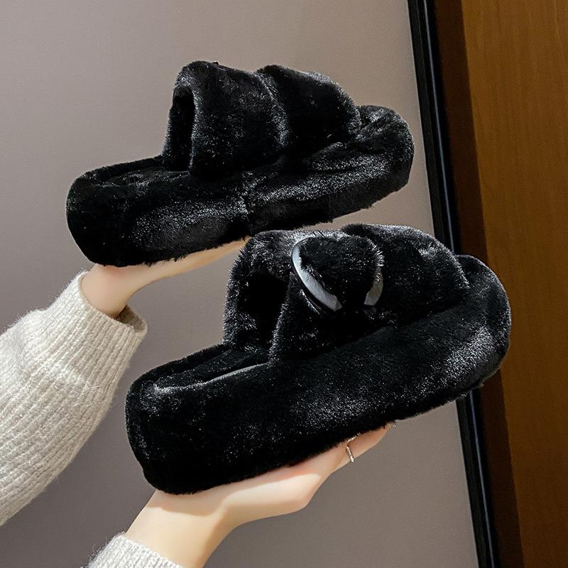 Женские меховые тапочки на толстой платформе, зимние модные повседневные уличные тапочки с открытым носком, мягкие плюшевые тапочки для дома и дома, пушистые тапочки