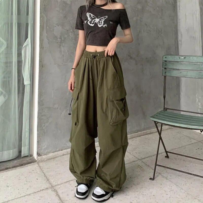 Women Casual Joggers Pants Solid Low Waist Pants Drawstring Wide Leg Baggy Trousers Y2k Streetwear Oversize Sweatpants