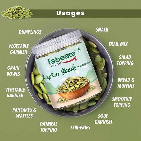 Жареные и соленые семена тыквы Fabeato 250 г - диетическое питание, полезные хрустящие закуски - богатый клетчаткой суперпродукт - идеально подходит для салатов, выпечки