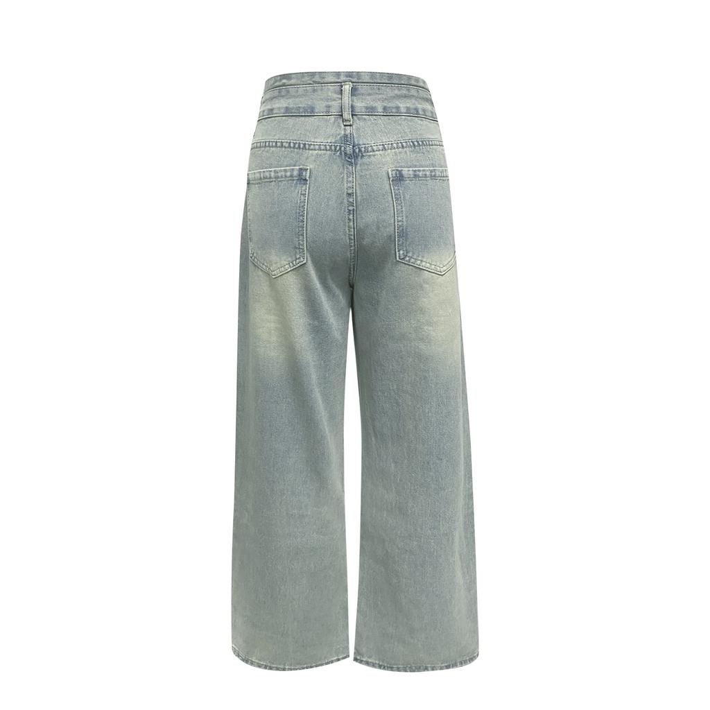 Женские джинсы винтажного дизайна с высокой талией и потертостями на пуговицах, женские свободные прямые широкие брюки