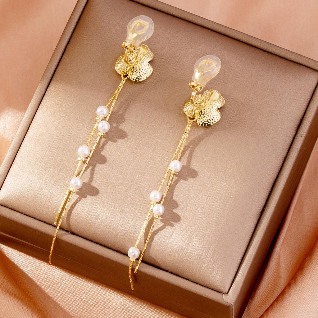 No Piercing Long Imitation Pearl Tassel Earrings Flower Earrings Earrings Round Face