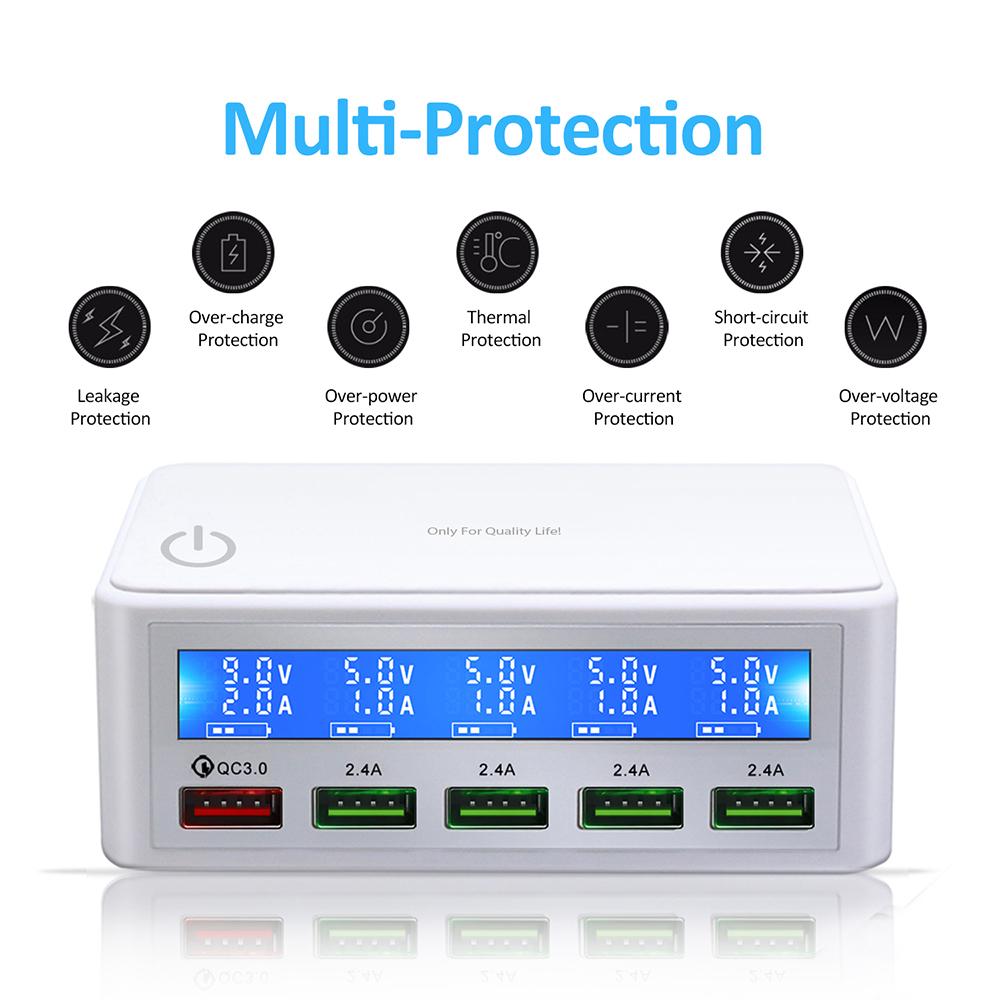 Зарядная станция USB мощностью 50 Вт. Многопортовое зарядное устройство USB-концентратора. Зарядное устройство USB QC 3.0 с ЖК-дисплеем. 5 портов USB.