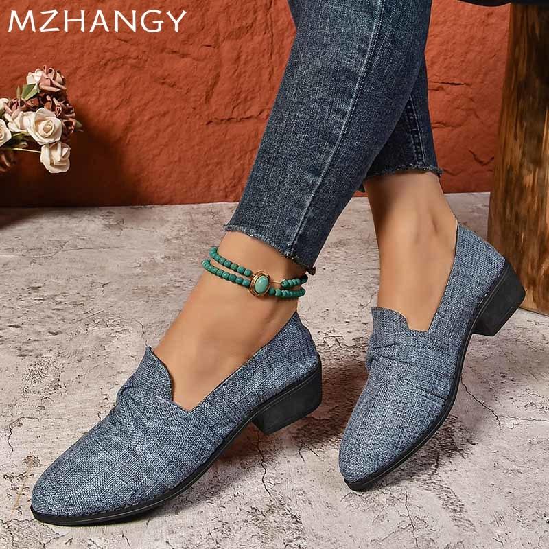 Модные холщовые толстые женские мокасины с бантом на среднем каблуке, прогулочная обувь для женщин 2025 года, зимние туфли-лодочки для платья, для путешествий, Zapatos