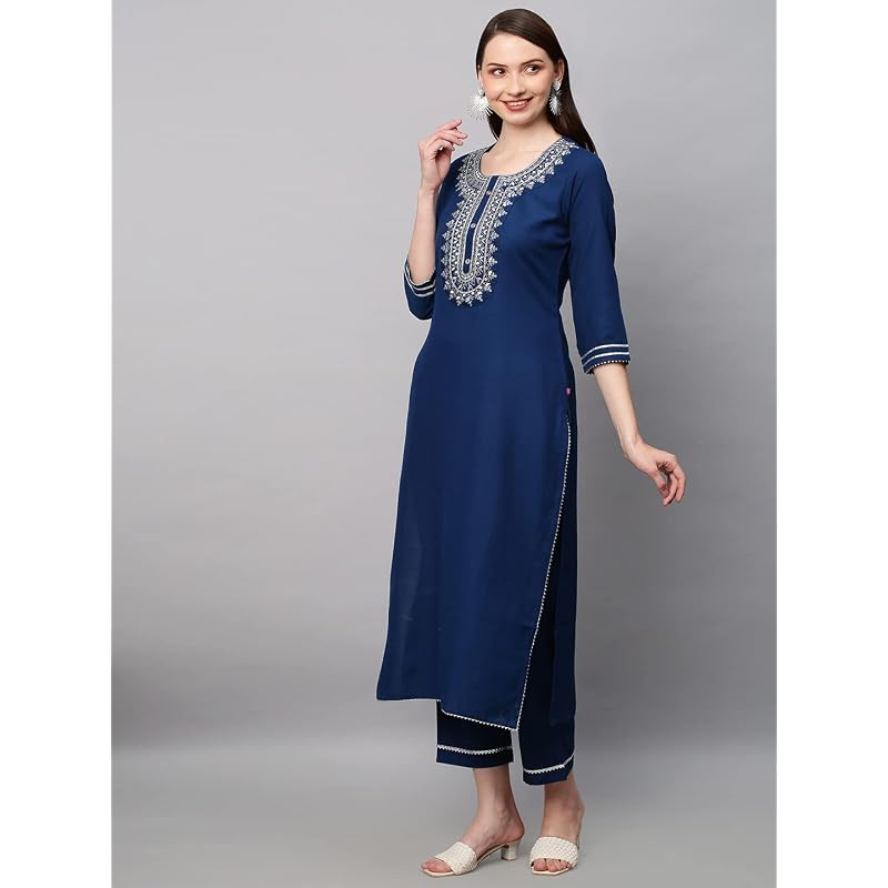ANNI DESIGNER Женский костюм-туника с вышивкой, прямой крой, из смесовой хлопковой ткани, с брюками и дупаттой (Керосин Dhati Темно-синий Средний)