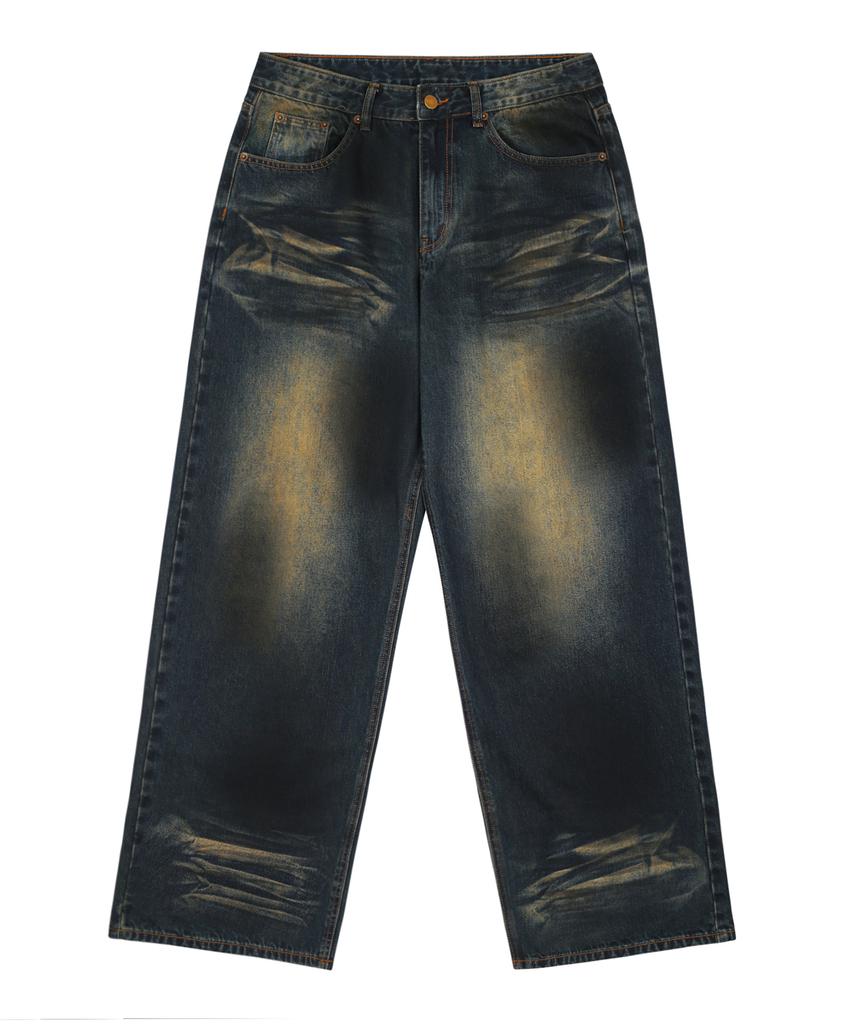 TRILLION Dirty Brush Washed Wide Denim Pants (Deep Green)