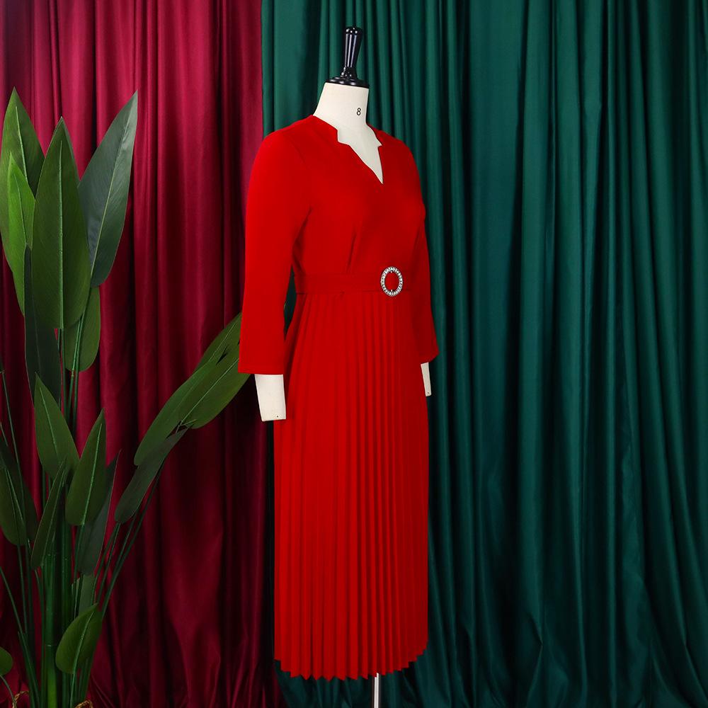 YYFS Women's Fashion Spring Fall Solid Color Print 3/4 Sleeves V-Neck High Waist Casual Dresses