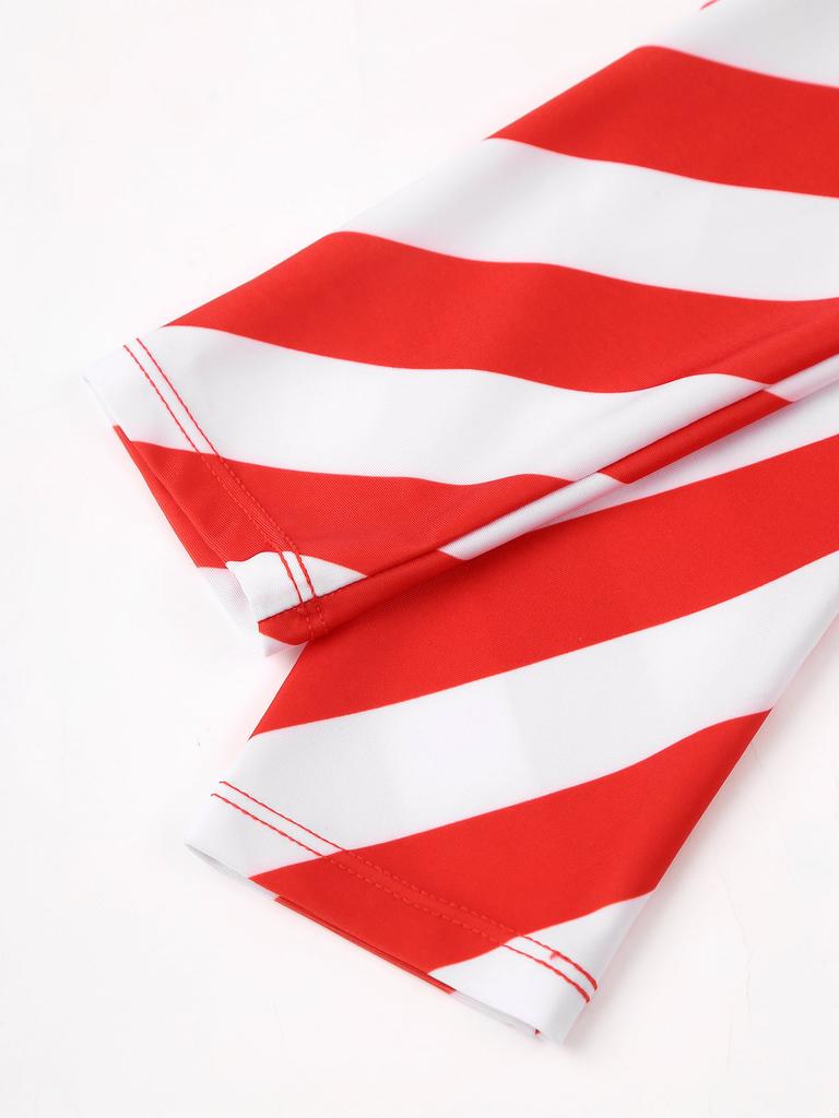 Womens Christmas Candy Cane Bodysuit Costume Mock Neck Long Sleeve Back Zipper Contrast Unitard Jumpsuit