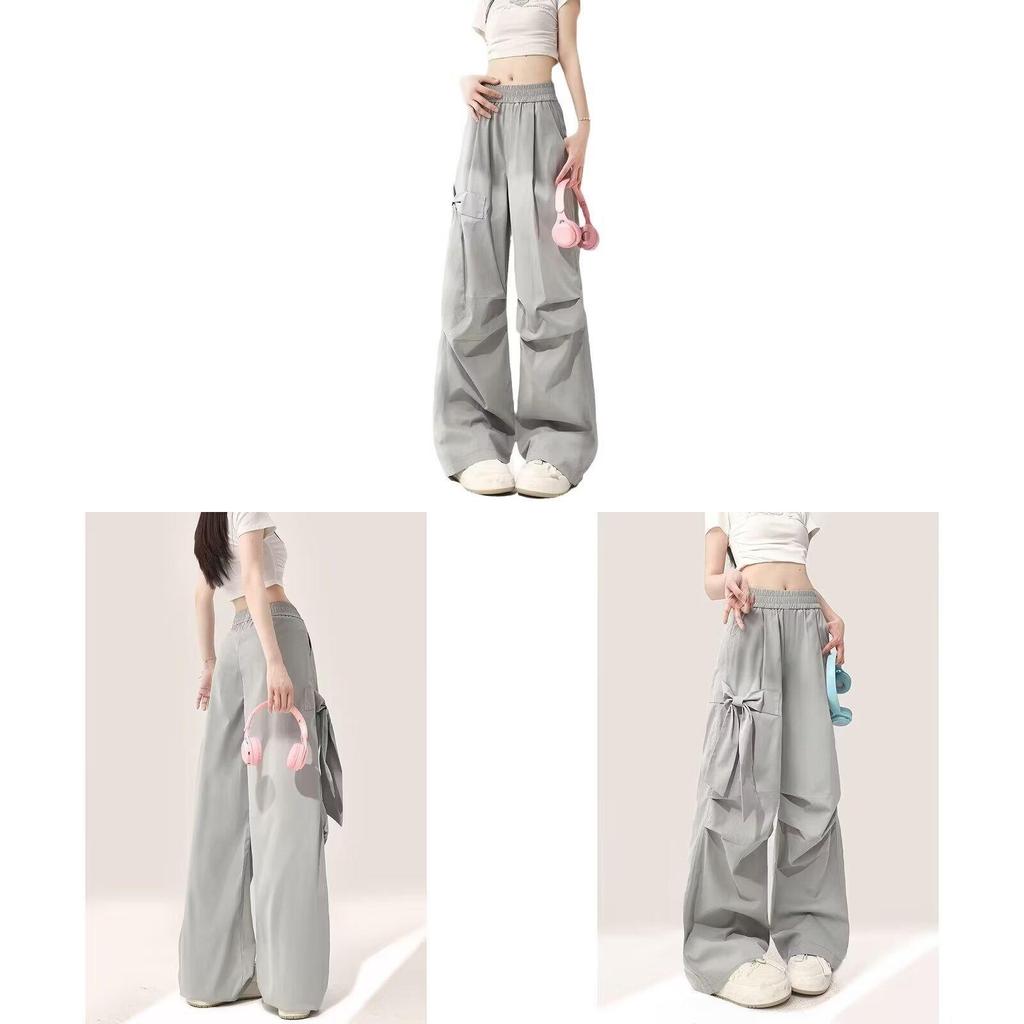 Gray Bow Tie Cargo Pants For Women Summer High Waist Wide Leg Casual Trousers