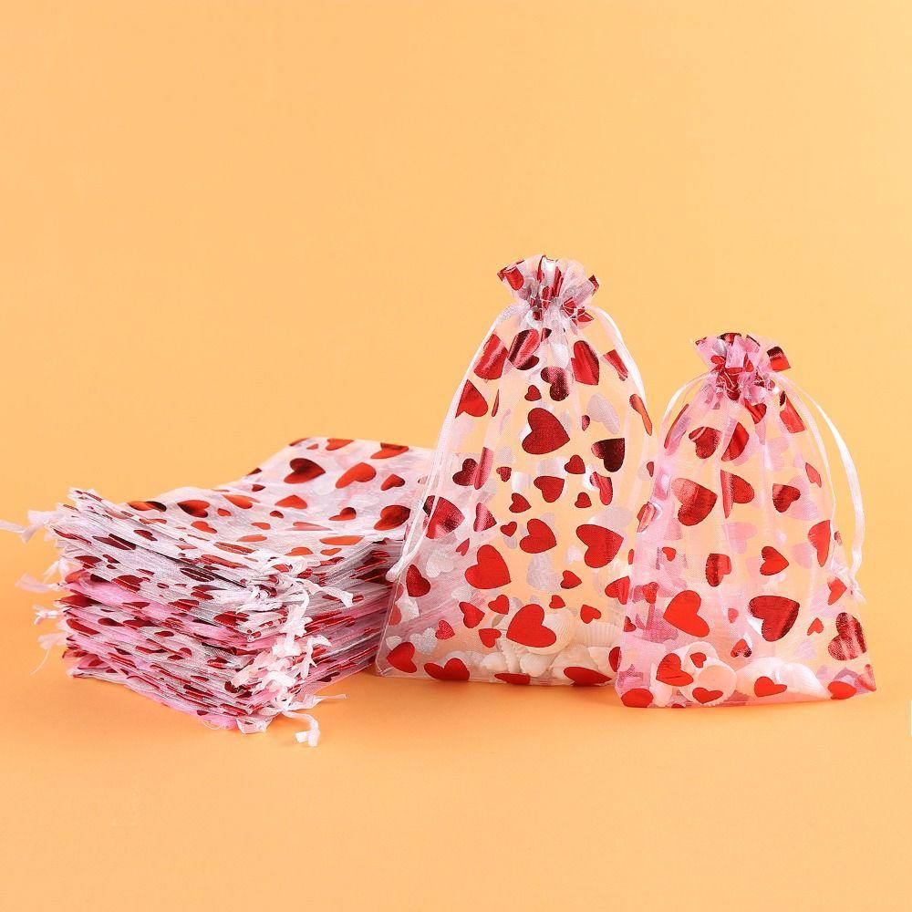 20pcs Love Heart Valentine's Day Gift Bag Drawstring Bronzing Gift Bag Mesh Candy Pouches Wedding