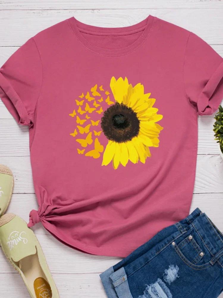 Женская футболка с принтом подсолнуха и бабочками, короткий рукав, круглый вырез, свободная, женская футболка, женские футболки, топы, одежда Camisetas Mujer