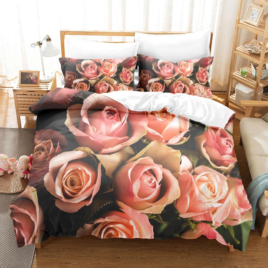 Pink Flower Duvet Cover and Pillowcases Set King Size 220x240 Double Bed Single 3D Queen Bedding Sets Pink Full Twin Quilt Linen