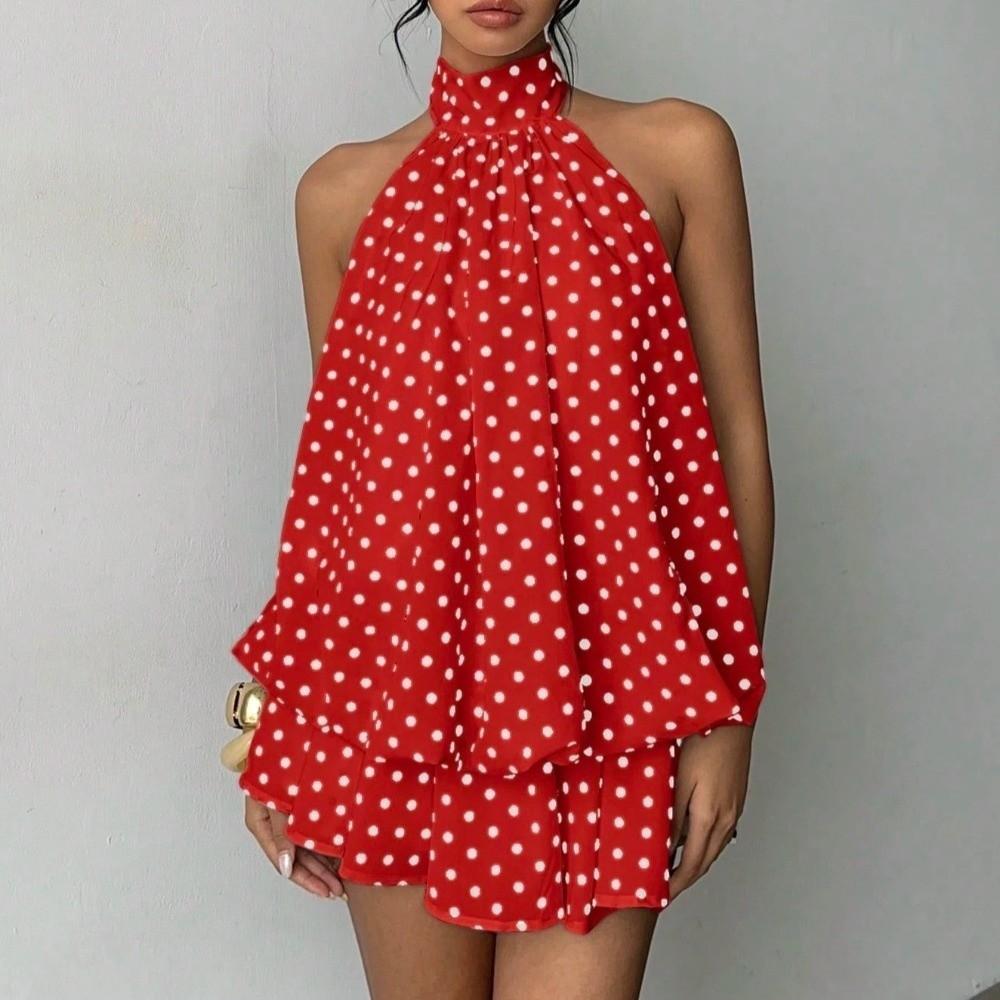 Sleeveless A Line Halter Dress Off Shoulder Chiffon Dress Elegant Polka Dot Dress Holiday