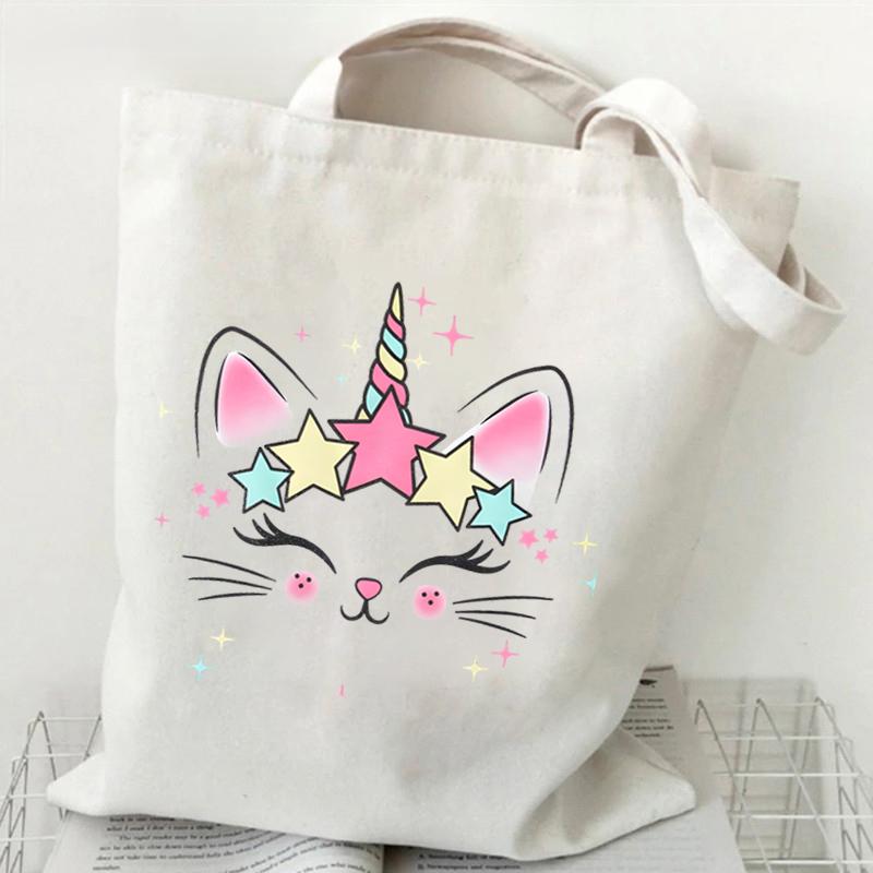 Милая холщовая сумка-тоут с изображением кота-единорога для студентов, сумка для покупок с изображением животных из мультфильмов, женская модная сумка с изображением животных, боковая сумка для женщин