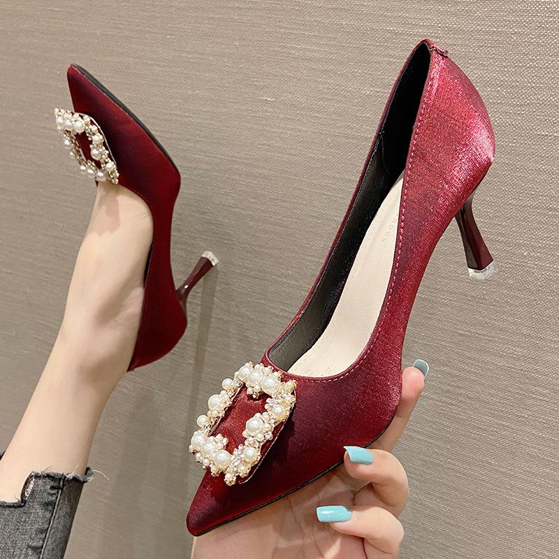 Женские туфли, новые свадебные туфли на высоком каблуке с острым носком, туфли феи фэншуй с квадратной пряжкой и бриллиантами, женская обувь на шпильке