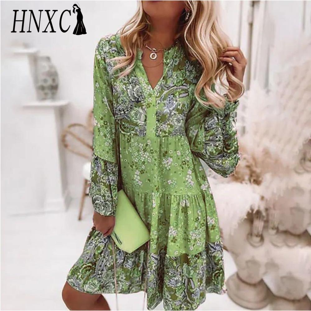 HNXC Женская мода богемный цветочный принт V-образный вырез мини платья повседневные свободные элегантные дамы пляжная вечеринка расклешенные рукава платье