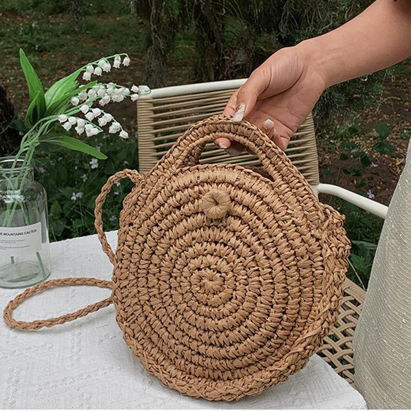 Повседневные соломенные сумки на ремне, маленькие круглые сумки через плечо, пляжные дорожные сумки, сумка-тоут
