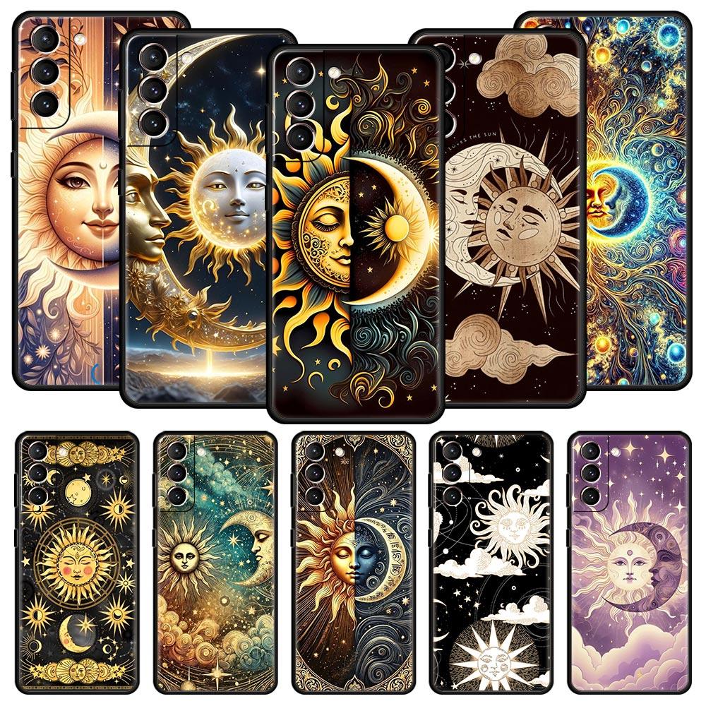 Чехол для телефона Луна Солнце для Samsung Galaxy S26 Ultra S25 Plus S24 FE S23 S22 5G S21 S20 Черный Мягкий