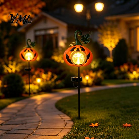 Outdoor Night Lighting for Trails Halloween Pumpkin Solar Yard Light, Garden Stake Light with Warm Glow Glass Decorative Pathway Ball, Powered
