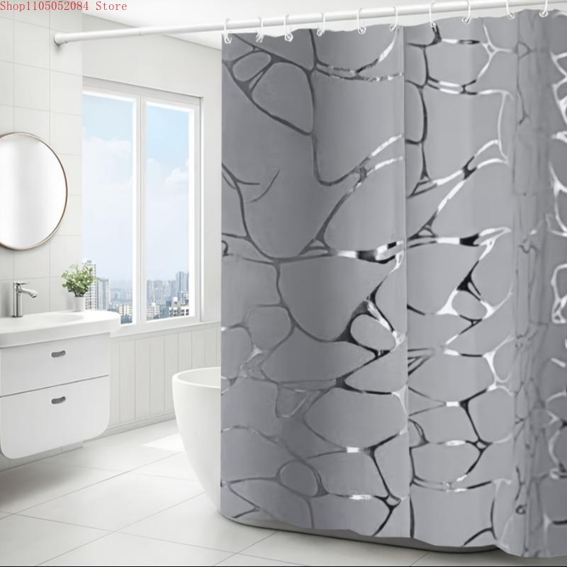 1Pc Veined Silvery Bath Curtain Matching Hooks- With Hooks Waterproof Mildew Proof Easy Install Washable