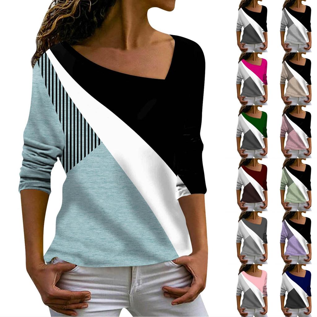 Women's Loose T Shirt Tee  Retro Print Casual Sloping V  Neck Long Sleeve Top