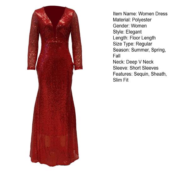 Women Evening Dress Sequin Deep V Neck Long Sleeves Slim Fit Fishtail Hem Sequin Floor Length