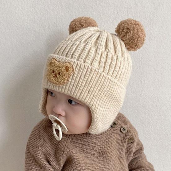 Детская зимняя шапка с защитой ушей, одинаковый цвет, плюшевый шарик с рисунком медведя, эластичная вязаная толстая, теплая, мягкая детская шапка унисекс