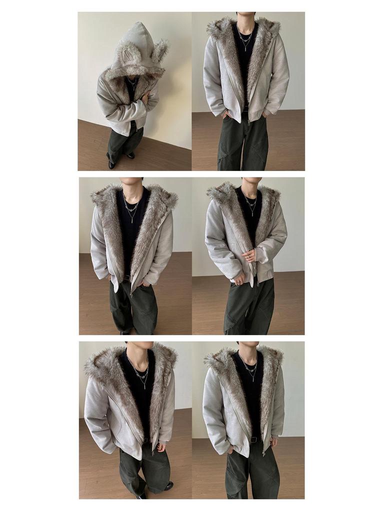 Куртка American Eagle с меховым воротником из замши и кошачьими ушками - Осенне-зимняя укороченная верхняя одежда с плюшем