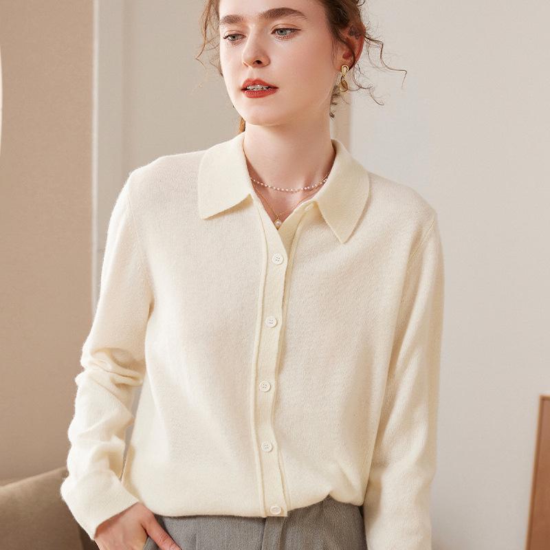 Women's Fashion Cashmere POLO Collar Long Sleeve Cardigan Sweater