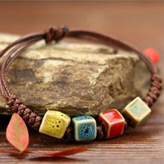 Bohemia Unique Natural Ceramics Adjustable Braided Rope Bracelet Bangle