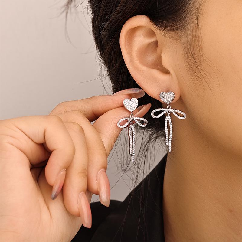 Shining Pearl Heart Bow Earrings: Women’s Korean Style with High-End Elegance and Personality