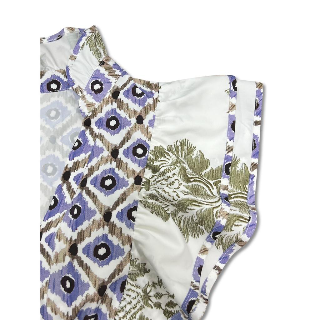 Women's Summer Flying Sleeves V-neck Dress Floral Print Stand Collar Midi Dress