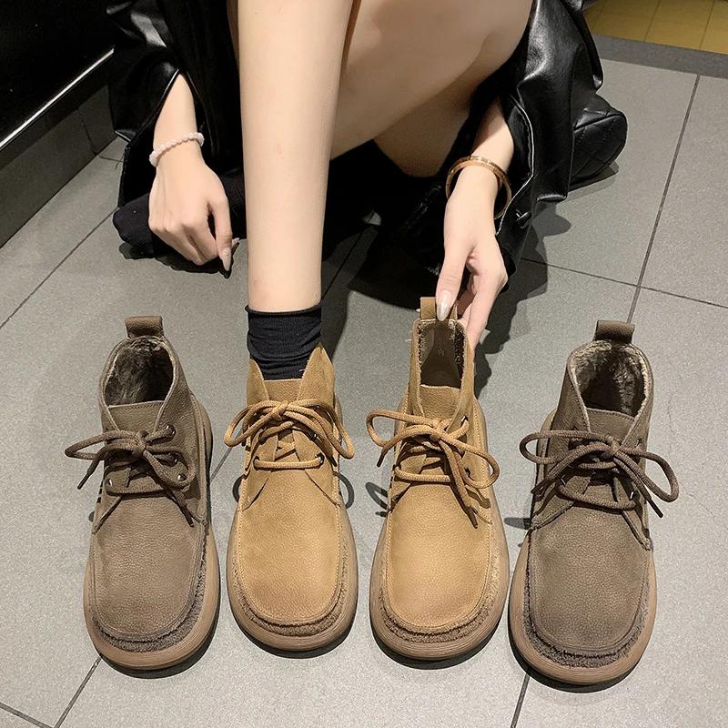 Ботинки женские зимние 2023 года Ботильоны Кроссовки Зимние ботинки Женские туфли на платформе Удобные с круглым носком Низкий каблук Элегантные осенние панк