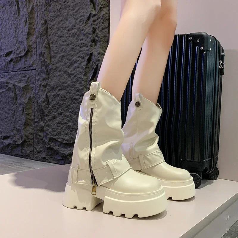 6CM Soft Leather Ankle Mid Calf Boots Winter Autumn High Platform Wedge Modern Booties Woman New Ladies Chunky Motorcycle Boots