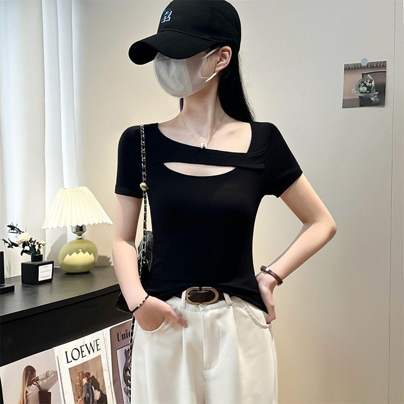 Strong Shoulder Slim Short-sleeved T-shirt for Women In Summer Latest Design Sense Hollow Pure Niche Top