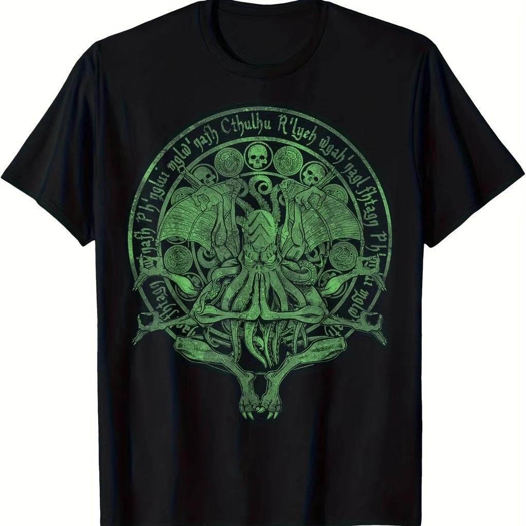 Summer Unisex Vintage Top Cthulhu Lovecraft T-shirt Green Necronomicon Rune Cthulhu Idol Design with Raccoon & Skull Print T-shirt