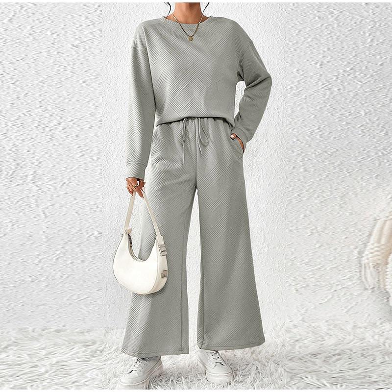 Autumn Women's Pure Color Wide Leg Pants Set Long Sleeved Round Neck Pullover Drawstring Pants Female Suit