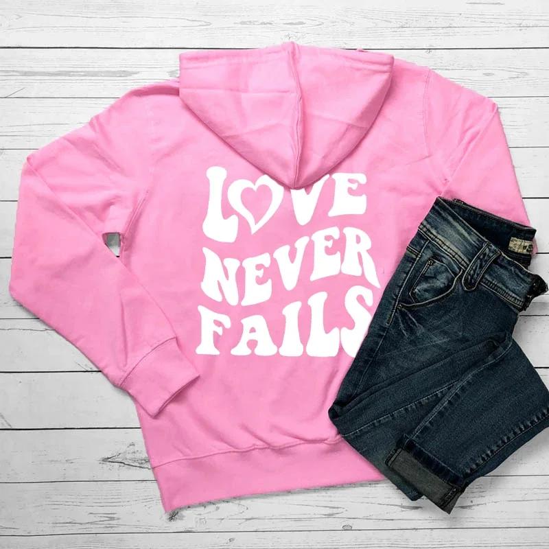 Женские толстовки Love Never Fails, вдохновляющие модные эстетические 100% повседневные джемперы с карманами и карманами Tumblr