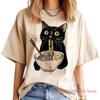 Female Noodle Ramen Cat T Shirt Foodie Lover T Shirts Black Cat T-Shirts Retro Casual Short Sleeve Tshirt Women Clothes