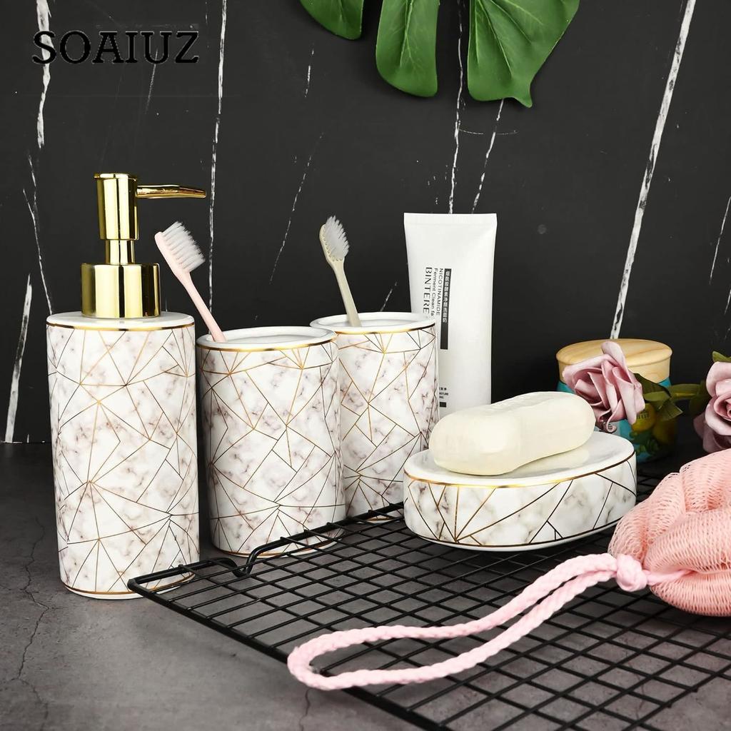 Набор аксессуаров для ванной комнаты, набор керамических аксессуаров для ванны из 4 предметов включает в себя 2 держателя/стакан для зубных щеток, жидкое мыло или лосьон на 300 мл.