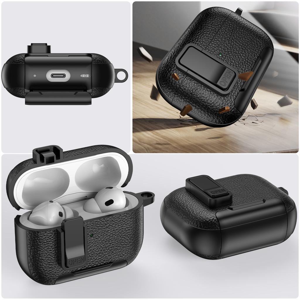 For Apple AirPods Pro Protective Case with Stand Litchi Texture Leather TPU + PC Earphone Cover with Lock Buckle and Carabiner