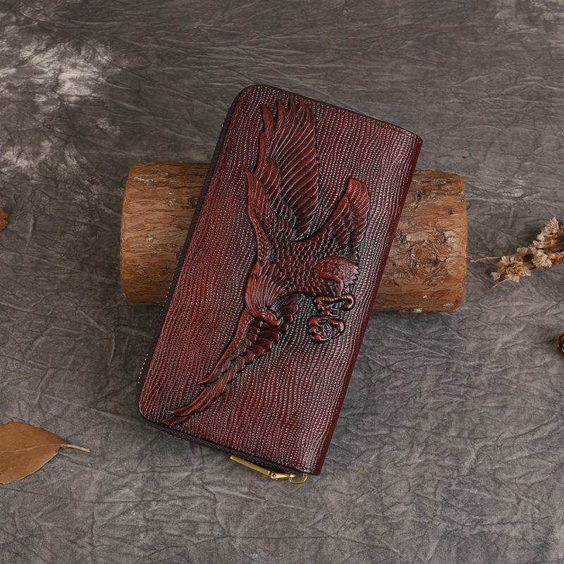 Кошелек мужской из натуральной коровьей кожи с тиснением в винтажном стиле на длинной молнии, клатч большой емкости с зажимом для денег