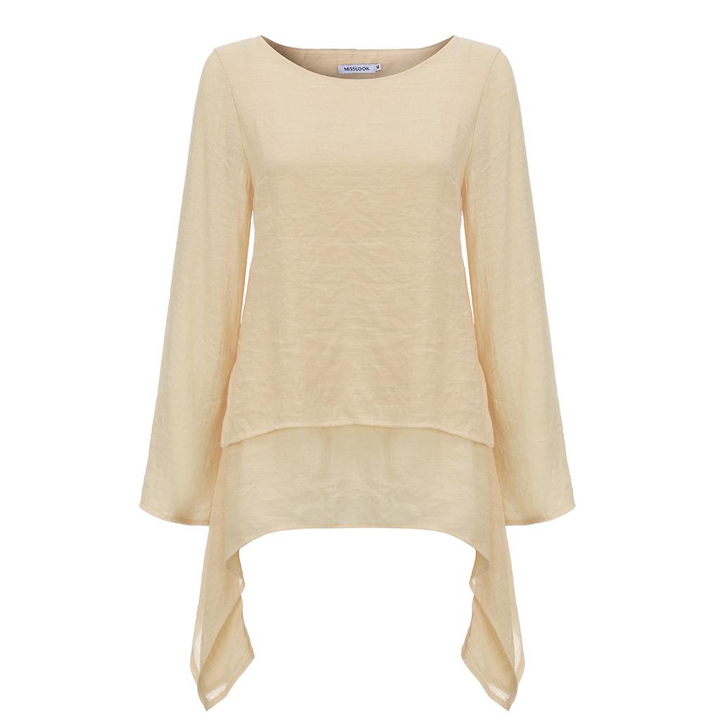 Women Fashion Plus Size Irregular Casual Linen Long Sleeve Neck Blouse