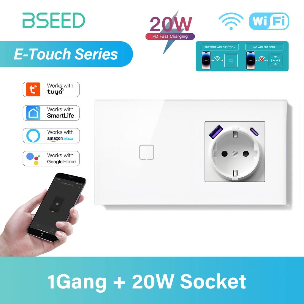 BSEED 1/2/3/4-клавишный сенсорный выключатель WIFI, стеклянный умный настенный выключатель света, сенсорный экран, подсветка, быстрая зарядка телефона, розетка USB C, серия E