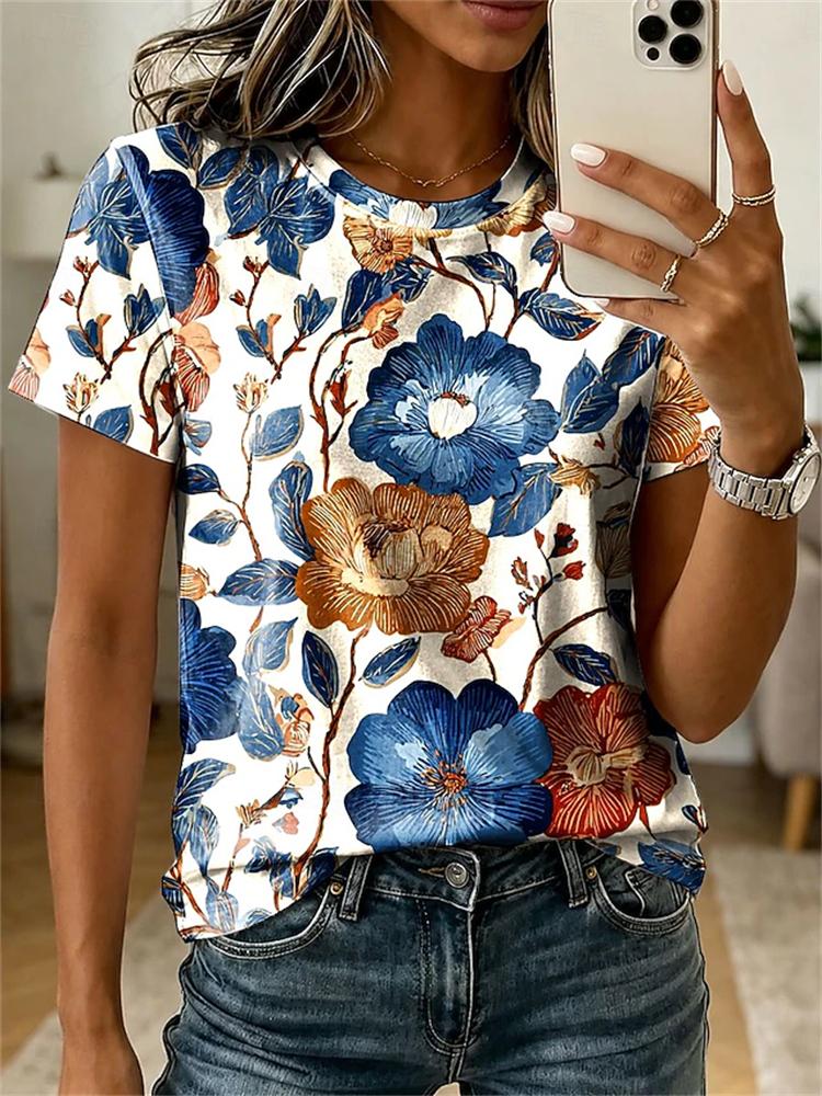2026 Summer Fashion Women's Short-Sleeve T-Shirt Elegant Floral Print Round-Neck Top Casual-Style Women's Short-Sleeve Shirt
