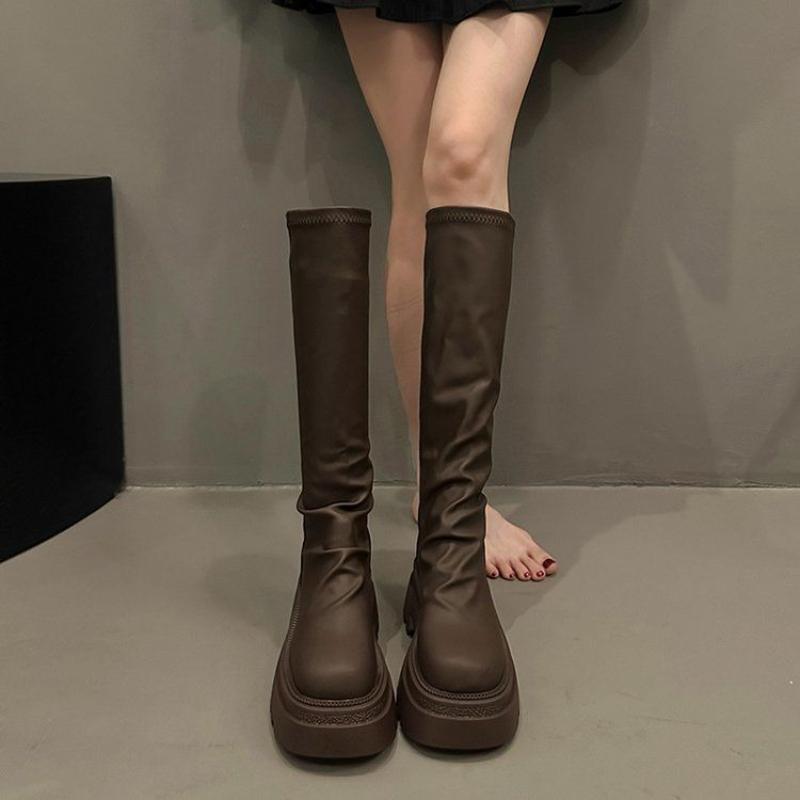 Fashion New In Fleece-Lined Round Toe Knee High Shaft Shoes Woman Fashion 2025 Hot Footwear Pu Cosplay Trend Gothic Long Boots for Women