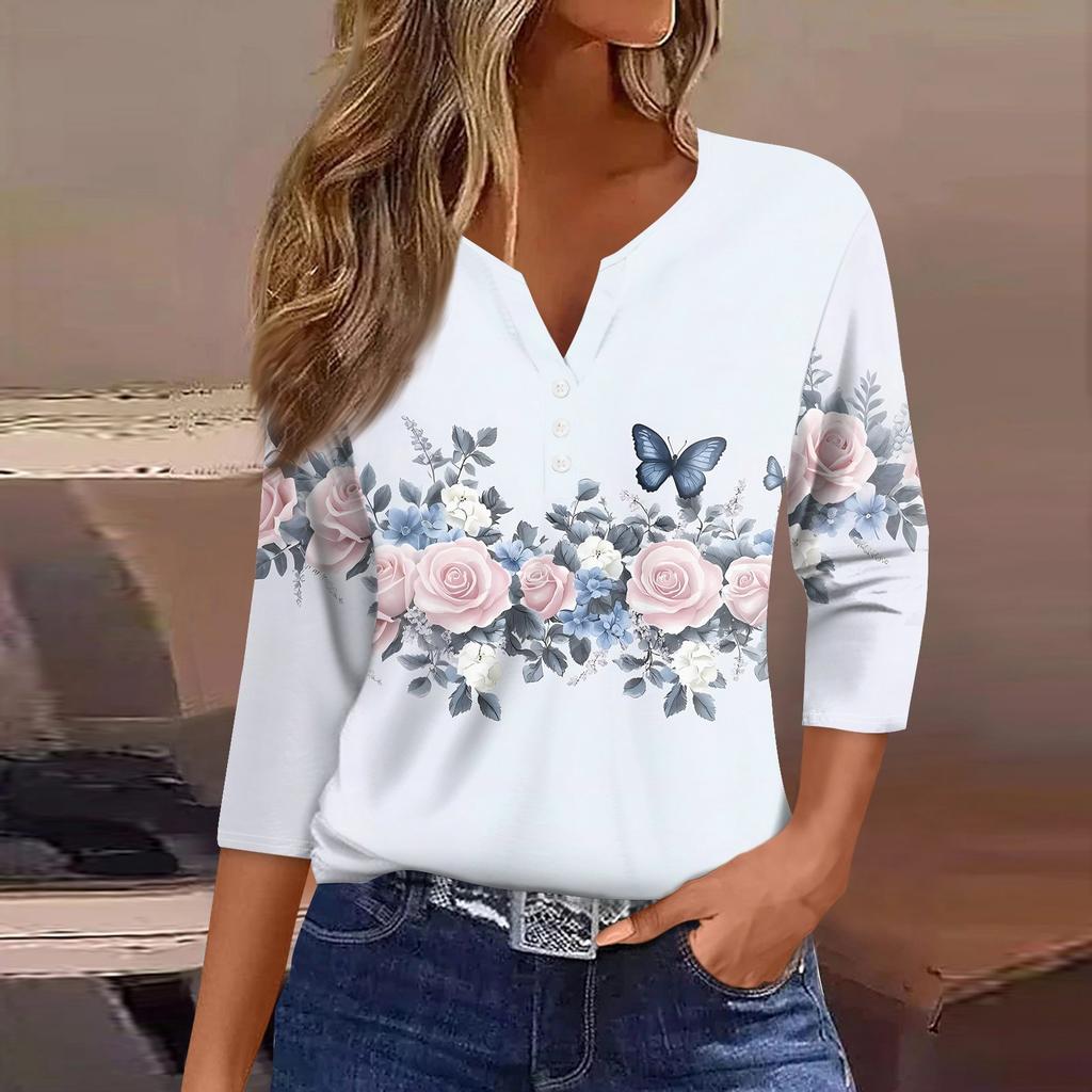 Жен. Футболка С принтом Пуговицы Рукав 3/4 Повседневные Выходные Мода Классический Классический V-образный вырез Обычный Верх