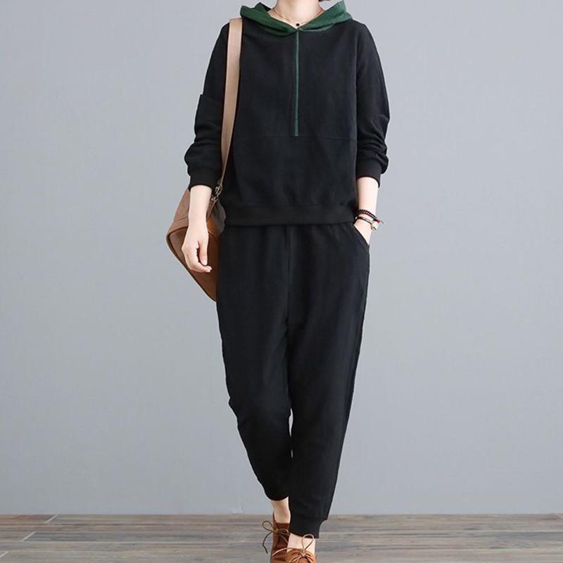 Женский костюм Женский свободный спортивный костюм для бега с капюшоном, толстовка, брюки, два предмета, повседневный костюм