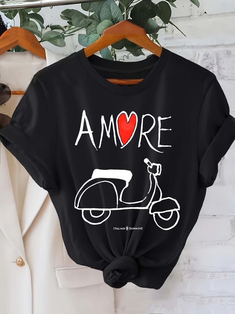 Европейские размеры Женская футболка Amore с коротким рукавом - Минималистичный принт, Топ с круглым вырезом, Повседневная блузка для весенне-летнего гардероба