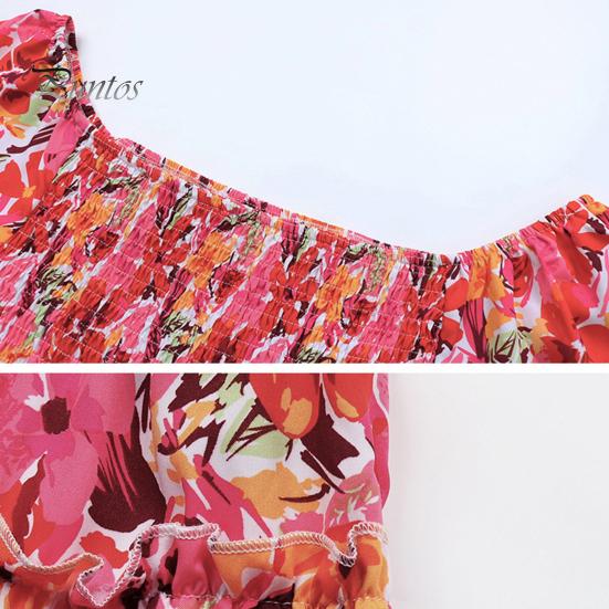 Женское пляжное платье с открытыми плечами Красочный цветочный принт трапециевидной формы в стиле пэчворк Свободный подол с гофрировкой на спине с короткими рукавами Летние каникулы Стиль миди-платья