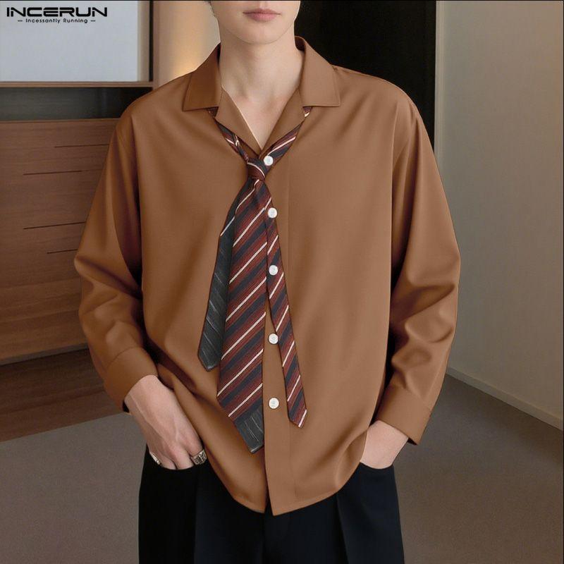 INCERUN Мужские рубашки оверсайз с лацканами, длинным рукавом, полосатым принтом, на пуговицах, повседневные